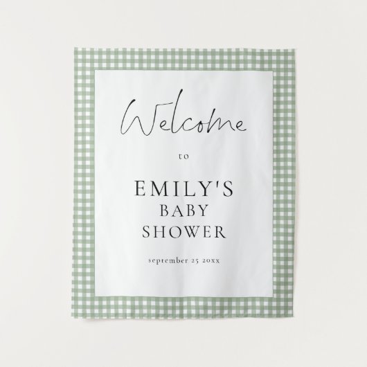 Salie groene Gingham Script Welkom Baby Borrel Wandkleed (Voorkant)