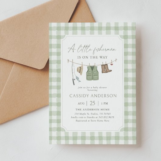 Salie Groene Gingham Visvangst Baby Borrel Kaart