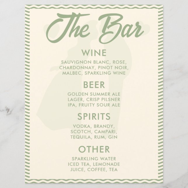 Salie Groene Golfstripe Bar Menu Trouwbord (Voorkant)