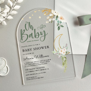 Salie Groene Goud Ivoren Bloem Maansboog Baby Show Acryl Uitnodigingen