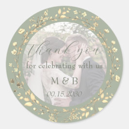 Salie Groene Gouden Bloemen Foto Bruiloft Dank Je  Ronde Sticker