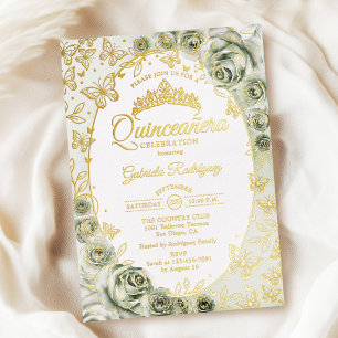 Salie Groene Gouden Bloemstuk Quinceanera Folie Uitnodiging