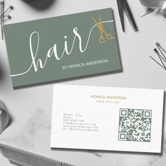 Salie Groene Gouden Haar Script Schaar QR Code Visitekaartje