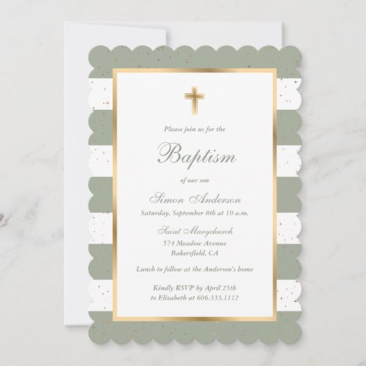 Salie Groene Gouden Kruis Sterren Gestreepte Doop Kaart (Voorkant)