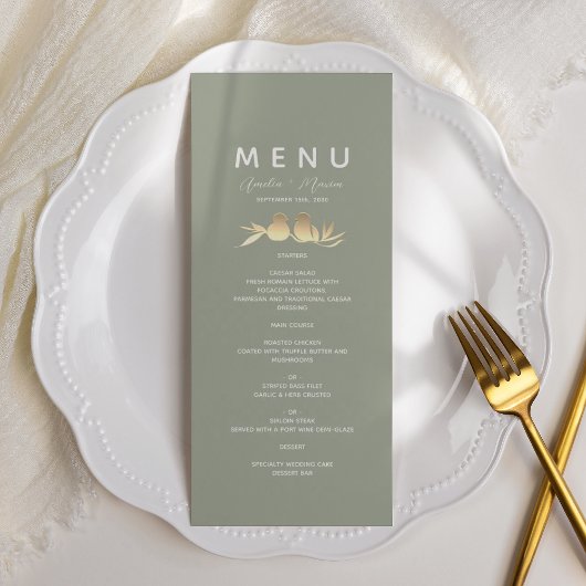 Salie Groene Gouden Liefdesvogels Bruiloft Menu