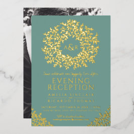 Salie groene gouden monogram huwelijksreceptie fot folie uitnodiging