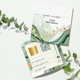 Salie Groene Gouden Qr Code Waterverf Vierkante Visitekaartje