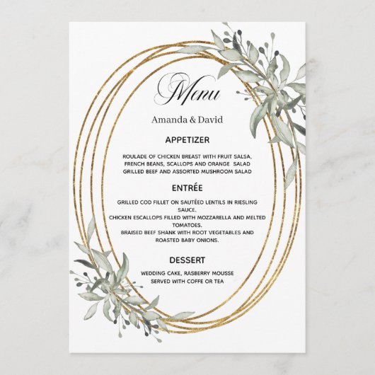 Salie groene groen goud trouw diner menu (Voorkant)