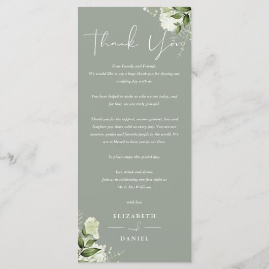 Salie Groene Groene Huwelijk Dank Je Plaatskaart Menu (Voorkant)