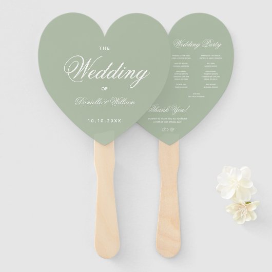 Salie Groene Hart Elegante Script Bruiloftsprogram Handwaaier (Voorkant en achterkant)