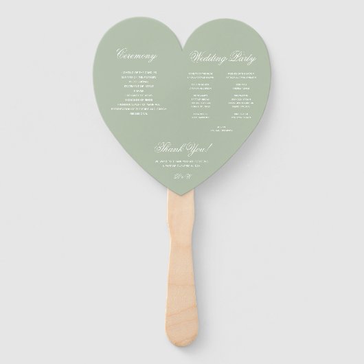 Salie Groene Hart Elegante Script Bruiloftsprogram Handwaaier (Achterkant)