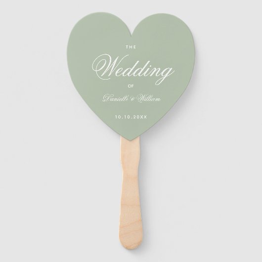 Salie Groene Hart Elegante Script Bruiloftsprogram Handwaaier (Voorkant)