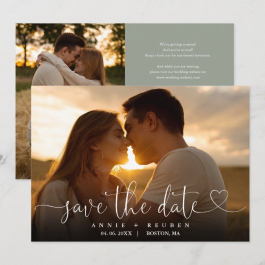 Salie Groene Hart Script Foto Huwelijk QR Code Save The Date (Voorkant / Achterkant)