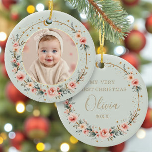 Salie Groene Hemelse Baby Eerste Kerst Foto Keramisch Ornament