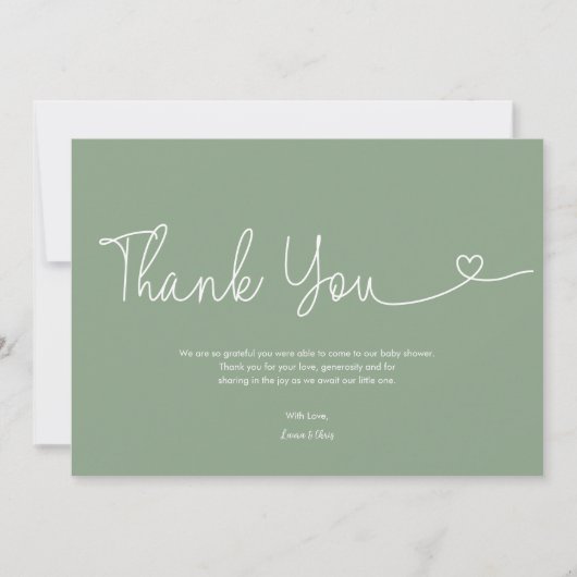 Salie groene Jongen Baby Borrel Script Hart Bedankkaart (Voorkant)