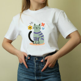 Salie Groene Kat Boho Bloem Mid Century Kunst T-shirt
