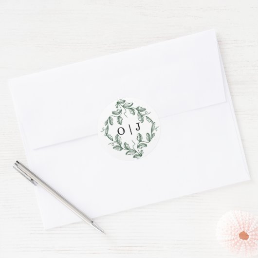 Salie Groene Klassieke Bloemige Bruiloft Ronde Sticker (Envelop)