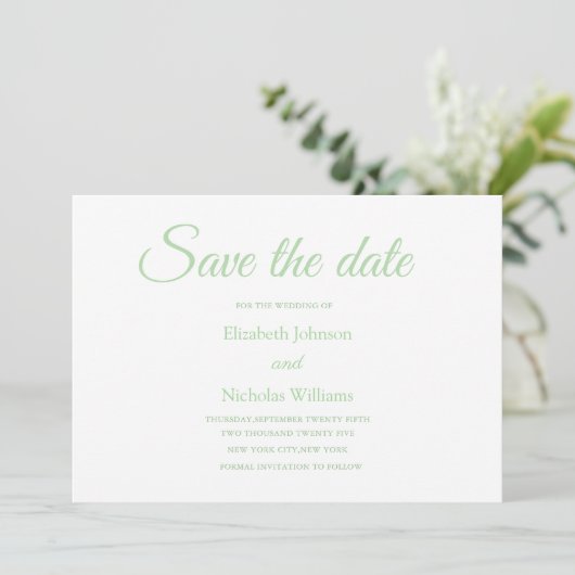 salie groene klassieke minimale trouw save the dat save the date (Staand voorkant)