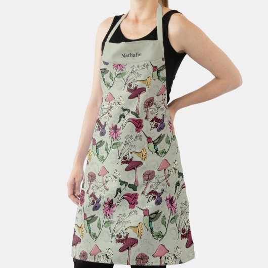 Salie Groene Kolibrie Bloemig Monogrammed Schort (Insitu)