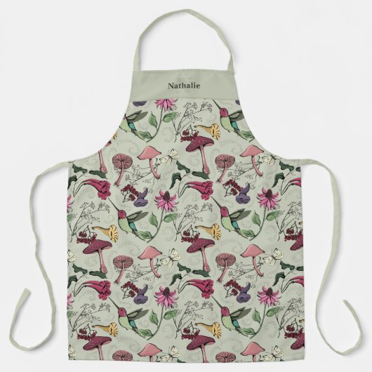 Salie Groene Kolibrie Bloemig Monogrammed Schort (Voorkant)