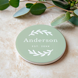 Salie Groene Lauriertak Krans Achternaam Monogram Zandsteen Onderzetter