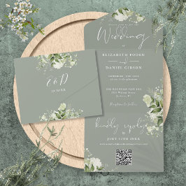 Salie Groene Loof Bloemrijke QR Code Monogram Huwe All In One Uitnodiging