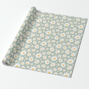 Salie Groene Met de Hand Getekende Madeliefjes Pat Cadeaupapier