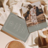 Salie Groene Mid Century 70s Monogram Foto Huwelij Kaart