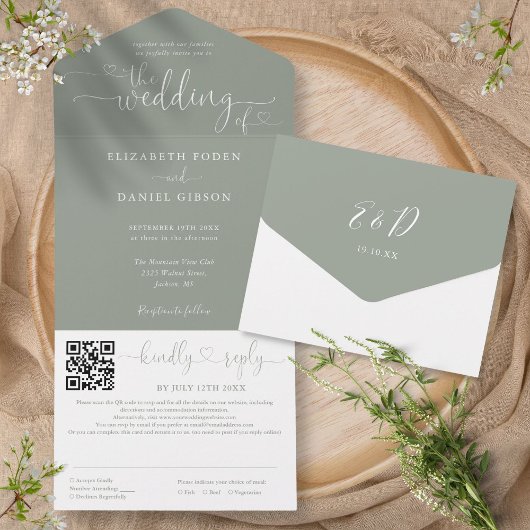 Salie Groene Minimalistische Script QR Code Huweli All In One Uitnodiging