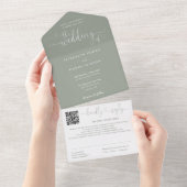 Salie Groene Minimalistische Script QR Code Huweli All In One Uitnodiging (Afscheurbaar)
