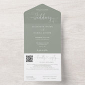 Salie Groene Minimalistische Script QR Code Huweli All In One Uitnodiging (Binnen)