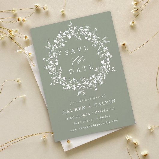Salie groene moderne boho wilde bloem bruiloftsfot save the date