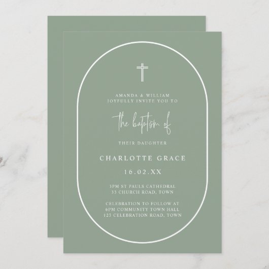 Salie groene moderne boog script minimalist doop  kaart (Voorkant / Achterkant)