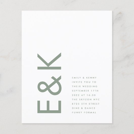 Salie groene moderne budget monogram bruiloft flyer (Voorkant)