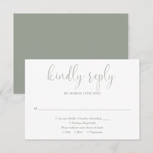 Salie groene moderne chic elegante script bruiloft RSVP kaartje (Voorkant / Achterkant)