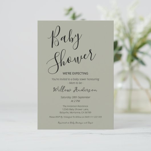 Salie groene moderne minimalistische script baby s kaart (Staand voorkant)