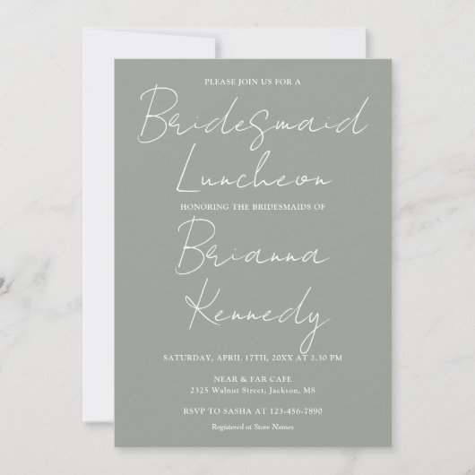 Salie Groene Moderne Script Bruidsmeisjes Luncheon Kaart (Voorkant)