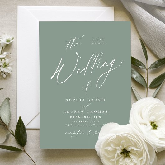 Salie groene moderne script minimalist huwelijksfe kaart