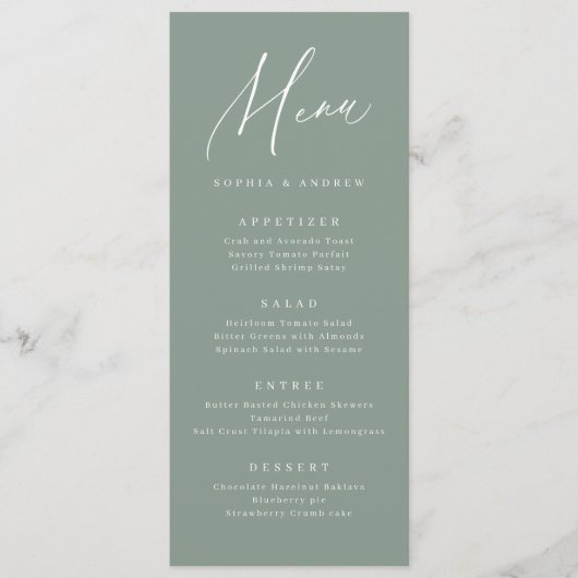 Salie groene moderne script minimalistische trouw menu (Voorkant)