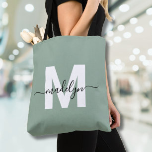 Salie Groene Moderne Script Naam Monogram Tote Bag
