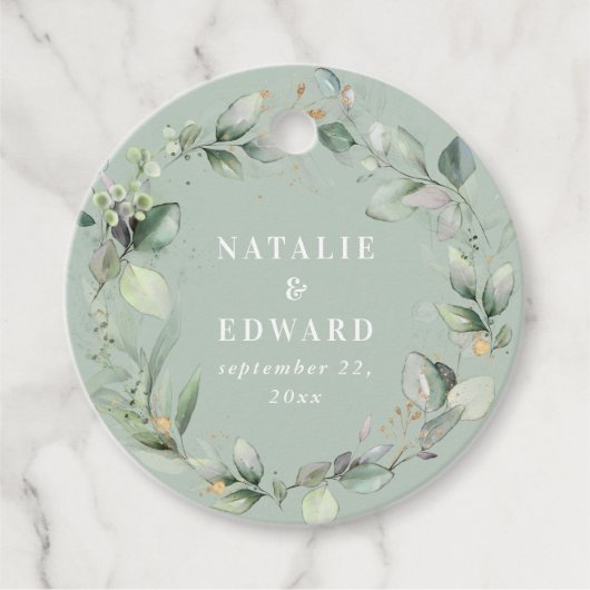 Salie groene moderne waterverf blad bruiloft cadea bedankjes labels (Voorkant)