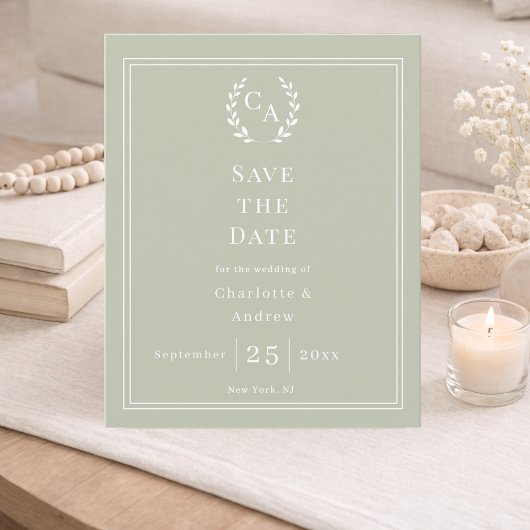 Salie groene monogram begroting huwelijk Bewaar de Flyer
