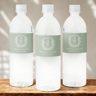 Salie Groene Monogram Botanische Trouw Bloem Crest Waterfles Etiket