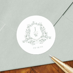 Salie Groene Monogram Florale Wapen Elegante Trouw Ronde Sticker