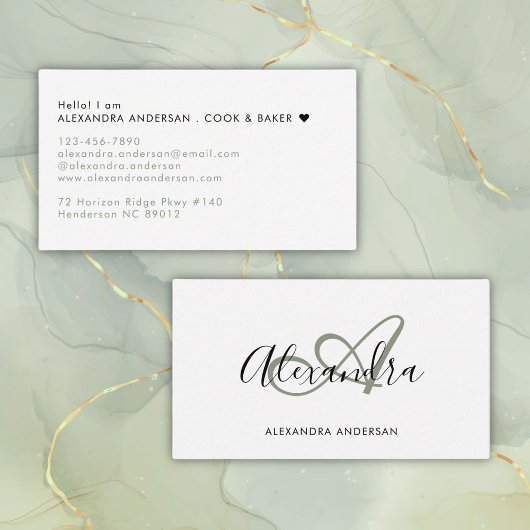 Salie Groene Monogram Initiaal Script Naam Visitekaartje