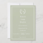 Salie groene monogram krans bruiloft save the date (Voorkant)
