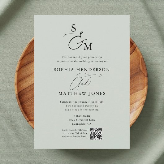 Salie Groene Monogram QR Code Foto Bruiloft Kaart
