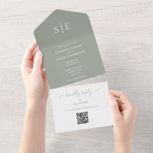 Salie Groene Monogram QR Code Minimalistische Trou All In One Uitnodiging (Afscheurbaar)