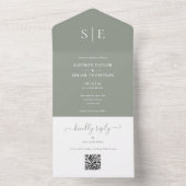 Salie Groene Monogram QR Code Minimalistische Trou All In One Uitnodiging (Binnen)