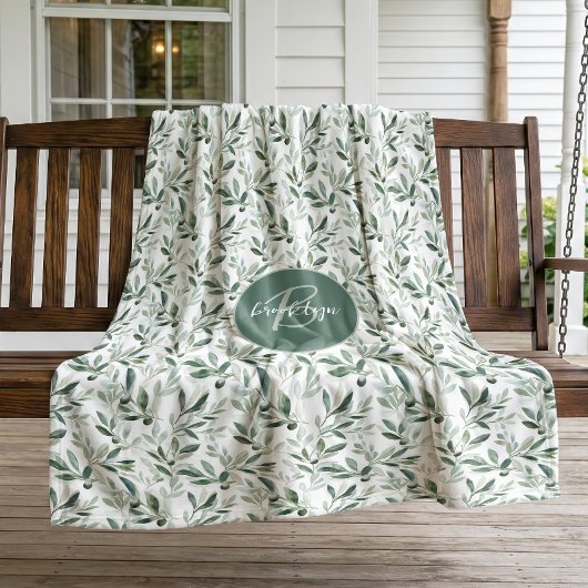 Salie Groene Monogram Rustieke Olijf Patroon Fleece Deken